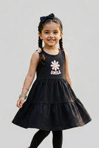Black Smile Print With Hair Band Frock For Girls
