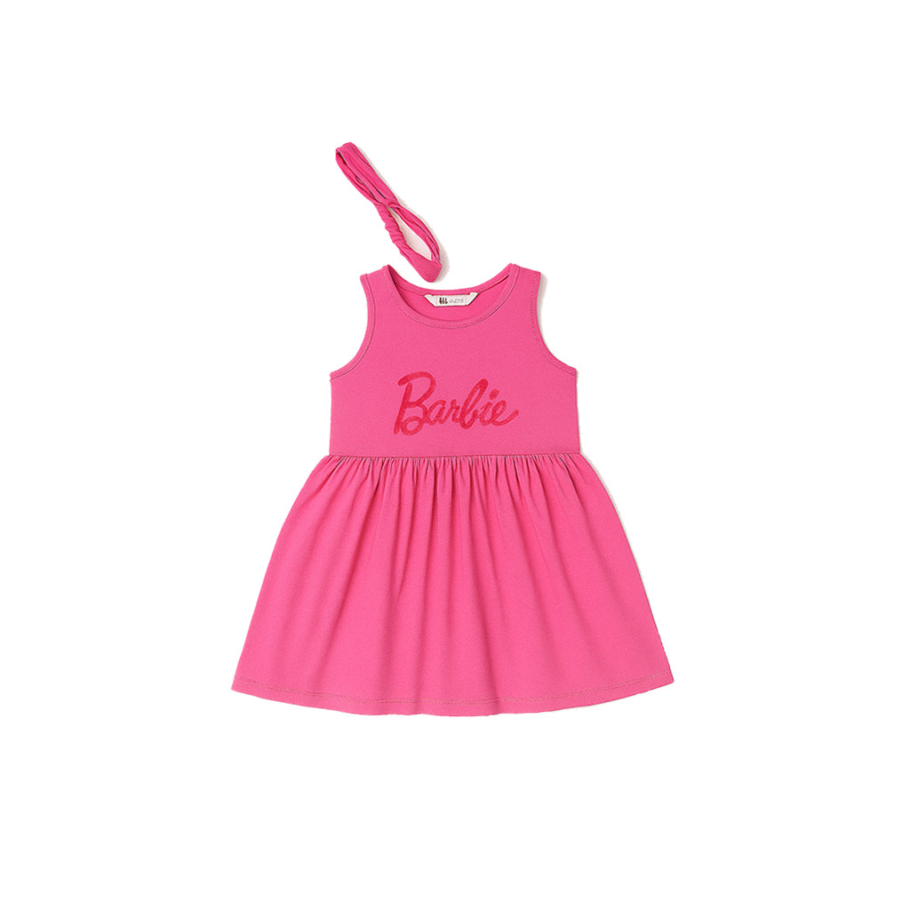 PINK WITH HAIR BAND BARBIE PRINT FROCK FOR GIRLS Secondary image