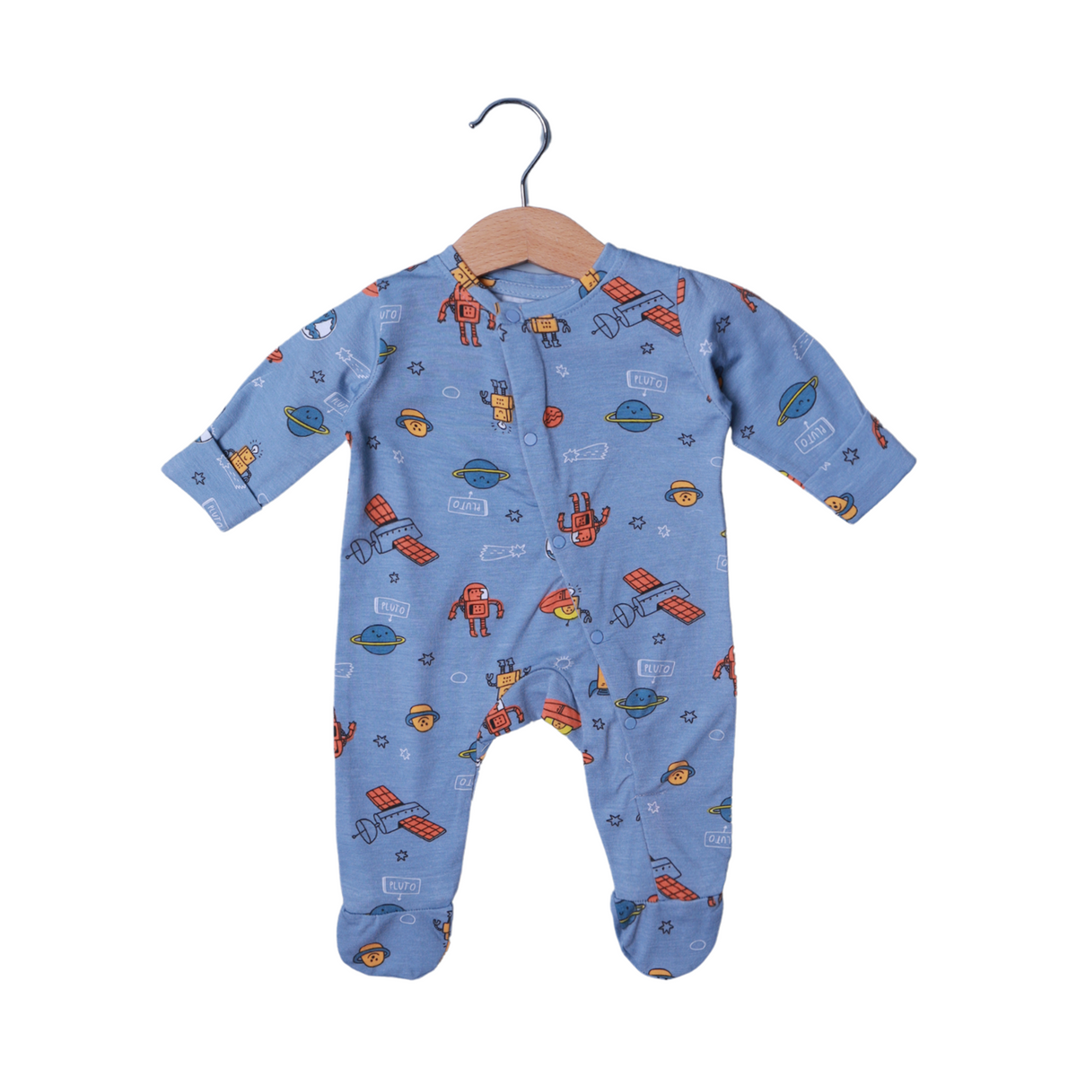 DULL BLUE PLANETS & ROBOTS PRINT FULL BODY FULL SLEEVES ROMPERS