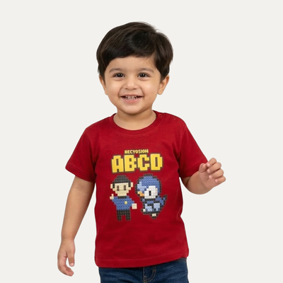 Red ABCD Print Half Sleeves T-Shirt For Boys