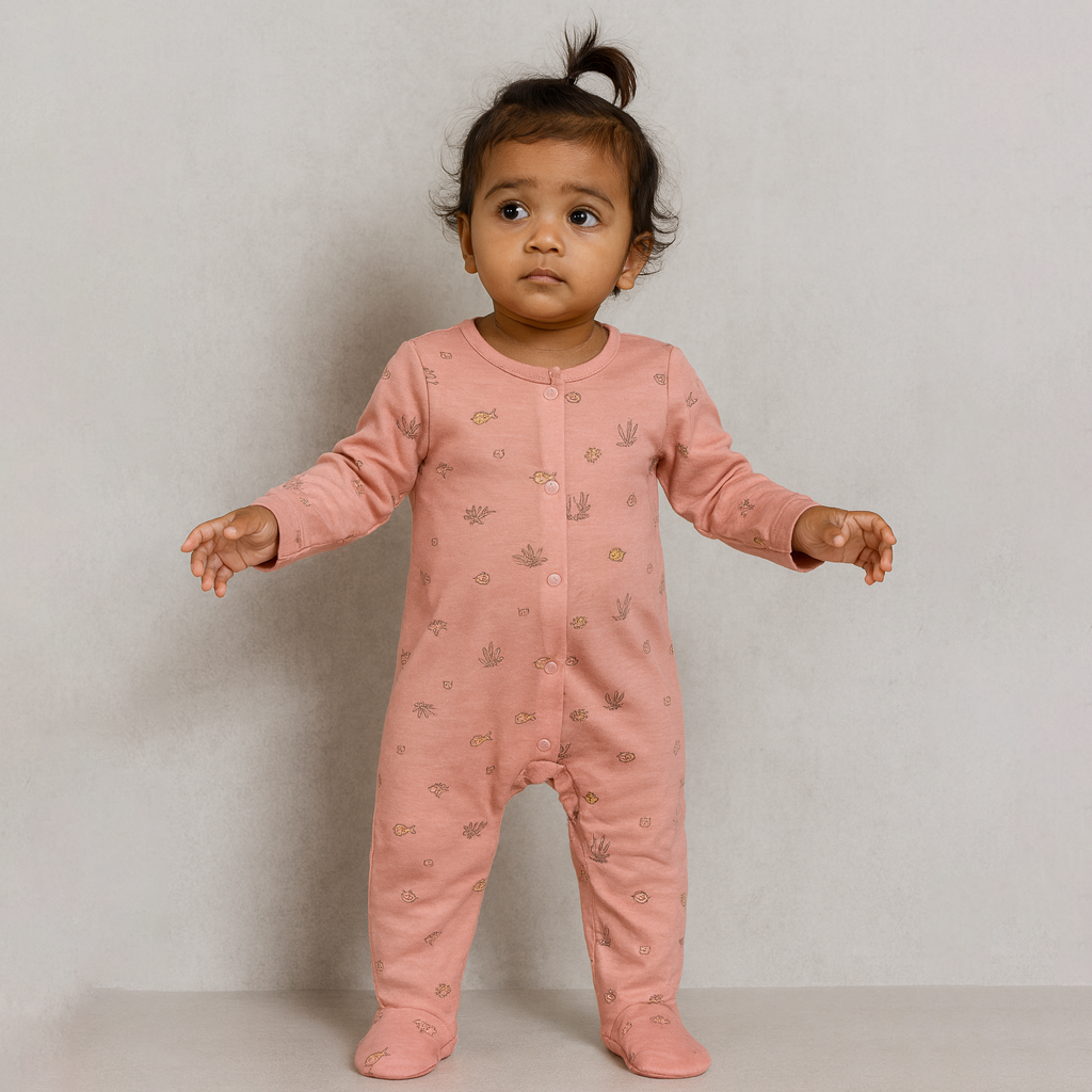 Pink Sea Animals Print Romper For Winters Main image
