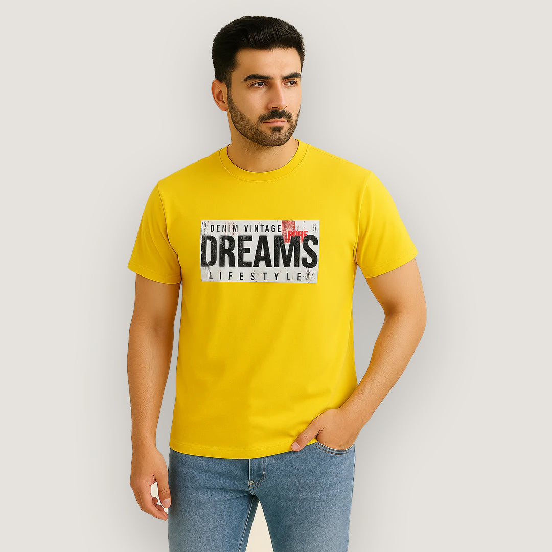 YELLOW "DREAMS" PRINT T-SHIRT FOR MEN