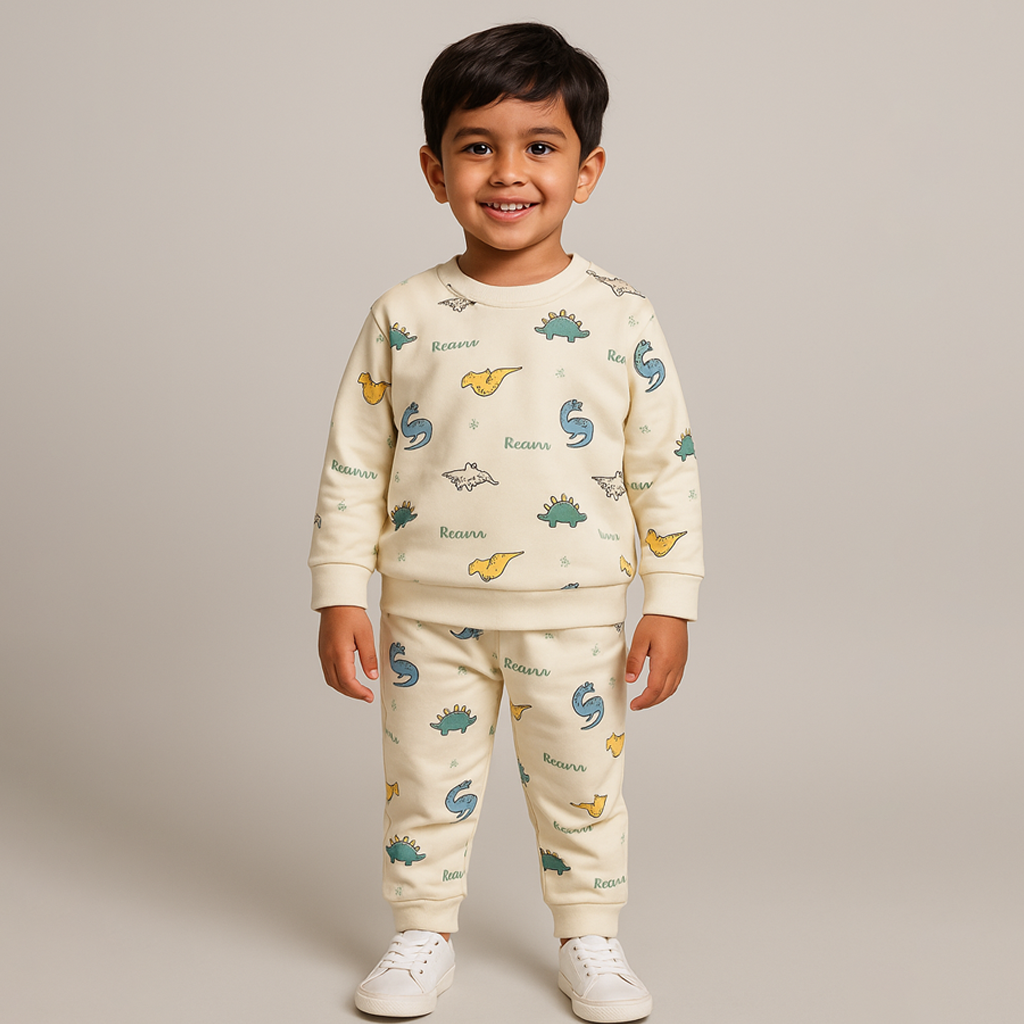 Cream Dino Print Fleece Fabric Suit For Winters Secondary image