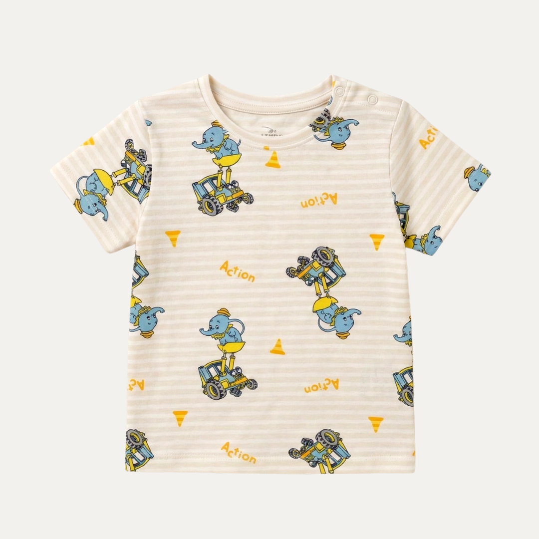 Cream Action Elephant Print Half Sleeves T-Shirt For Boys Secondary image