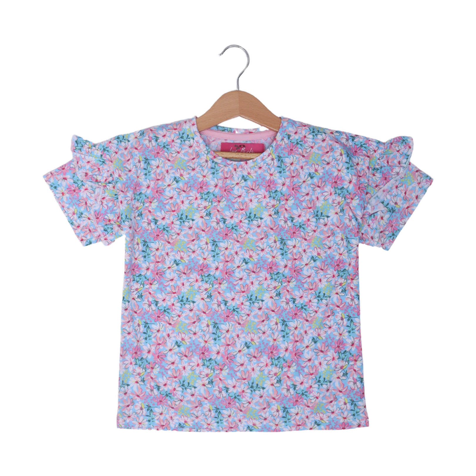 SKY BLUE ALL OVER FLOWERS PRINTED T-SHIRT TOP FOR GIRLS