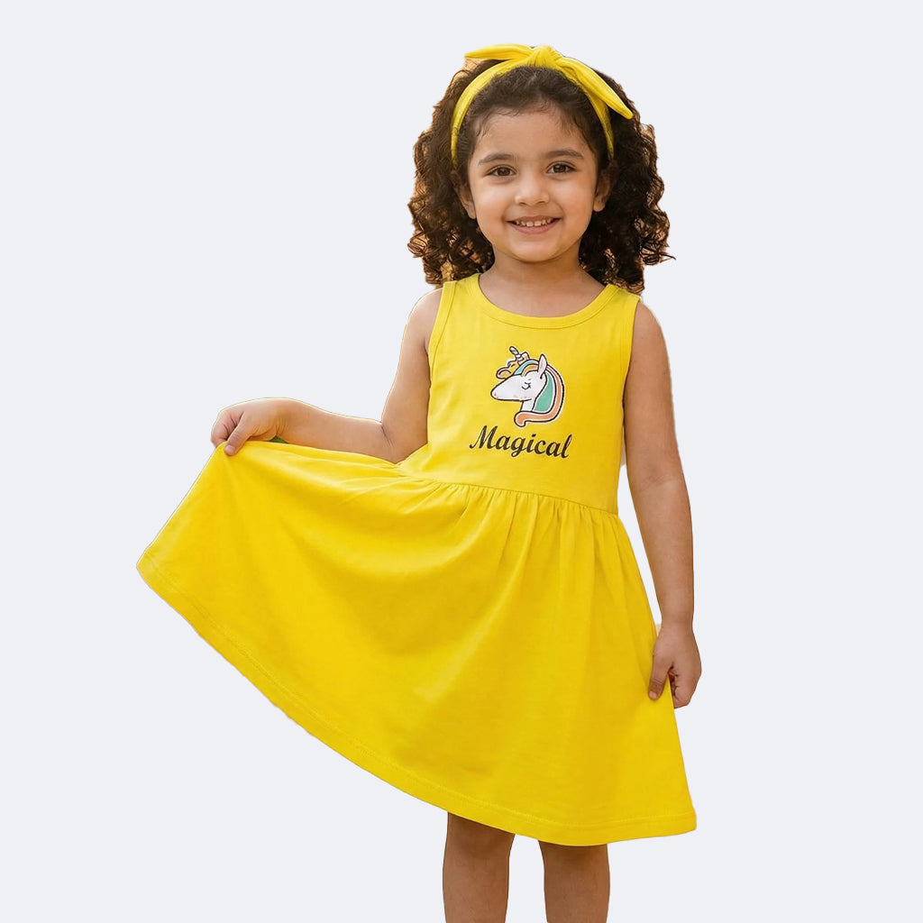 YELLOW WITH HAIR BAND MAGICAL PRINT FROCK FOR GIRLS