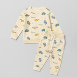 Cream Dino Print Fleece Fabric Suit For Winters