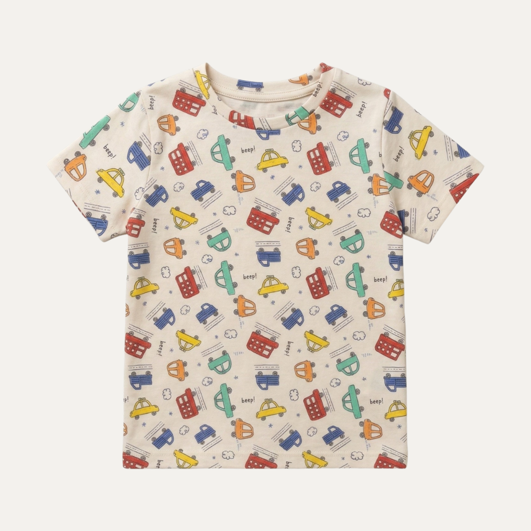 Cream Cars Print Half Sleeves T-Shirt For Boys Secondary image