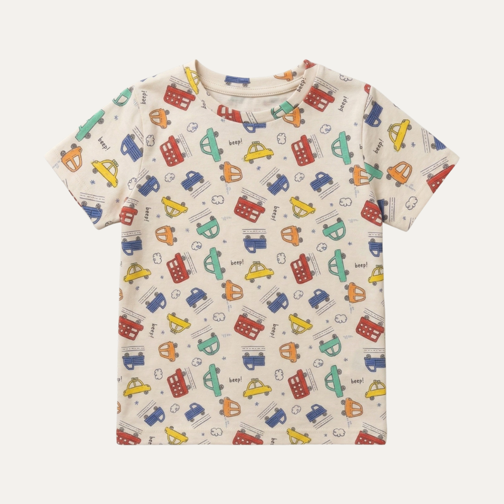 Cream Cars Print Half Sleeves T-Shirt For Boys