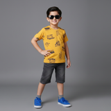 MUSTARD SWOOSH PRINTED HALF SLEEVES T-SHIRT FOR BOYS