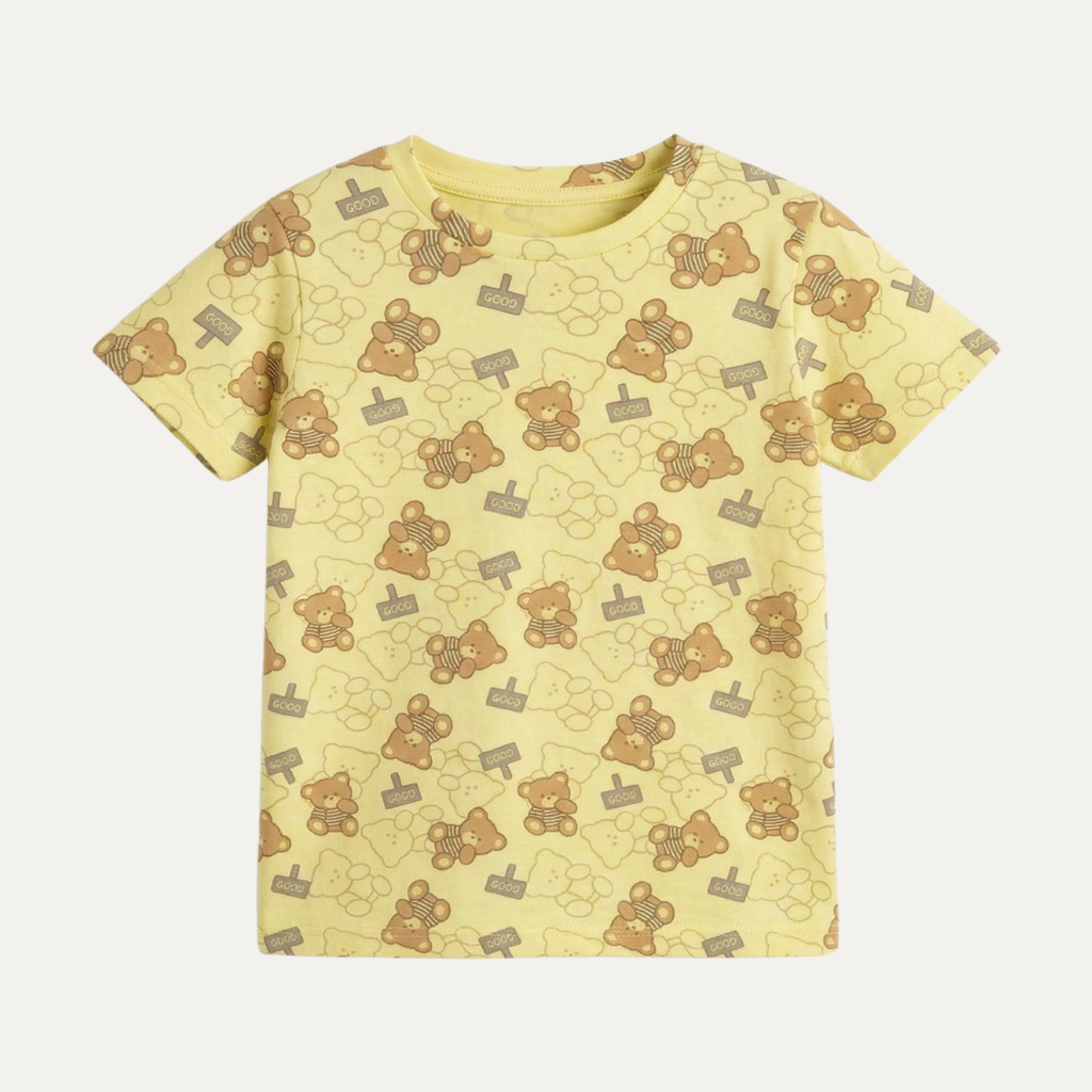Yellow Teddy Bear Print T-shirt Top For Girls