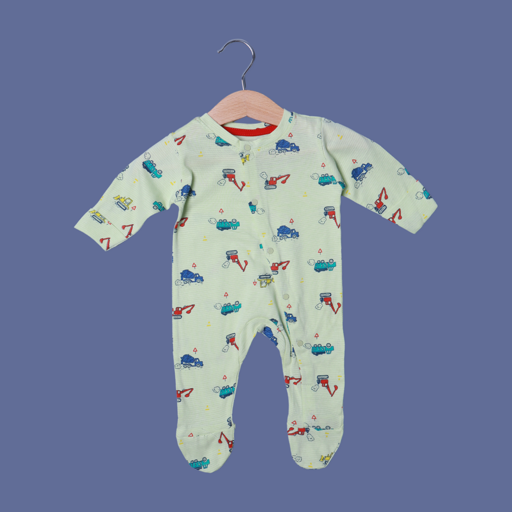 LIGHT GREEN TRUCKS PRINT FULL BODY FULL SLEEVES ROMPERS
