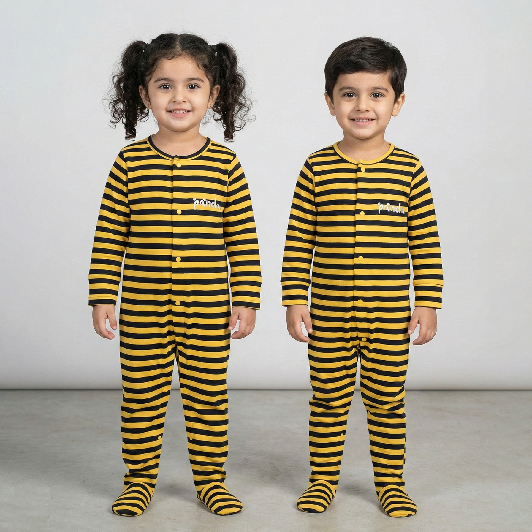 Yellow With Black Panda Stripes Romper For Winters Main image