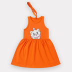 ORANGE WITH HAIR BAND KITTEN PRINT FROCK FOR GIRLS