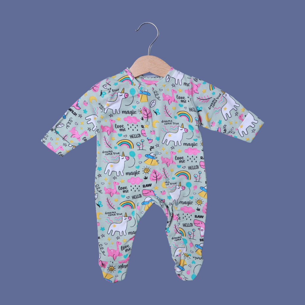 LIGHT GREEN MAGIC UNICORN PRINT FULL BODY FULL SLEEVES ROMPERS