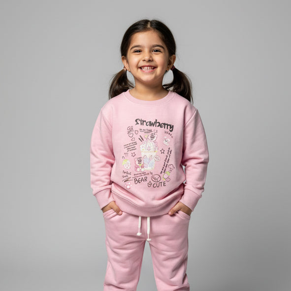 Pink Strawberry Print Fleece Fabric Suit For Winters Main image