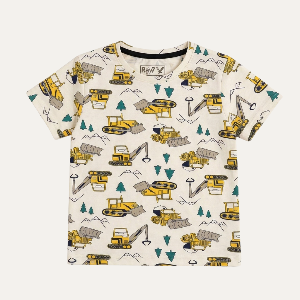 Cream Escavator Print Half Sleeves T-Shirt For Boys