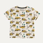 Cream Escavator Print Half Sleeves T-Shirt For Boys