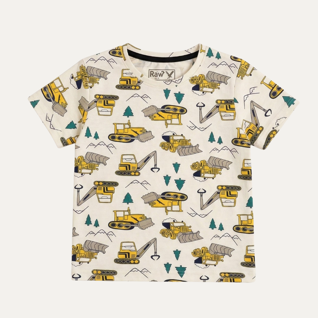 Cream Escavator Print Half Sleeves T-Shirt For Boys