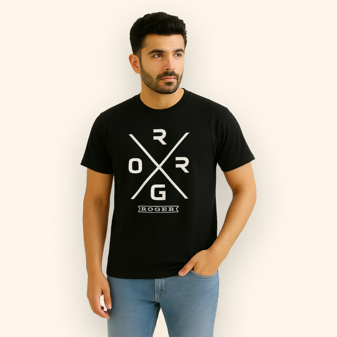 BLACK "ROGER" PRINT T-SHIRT FOR MEN