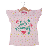 BABY PINK HELLO SUMMER WATERMELON PRINTED T-SHIRT TOP FOR GIRLS