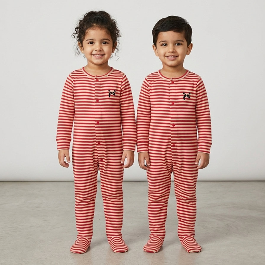 Pink Panda Stripes Romper For Winters Main image
