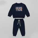 Navy Blue Thor Print Fleece Fabric Suit For Winters