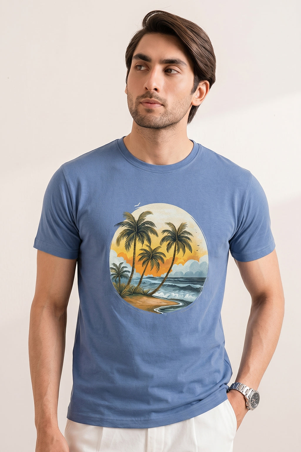 BLUE "BEACH TREES" PRINT T-SHIRT FOR MEN Main image