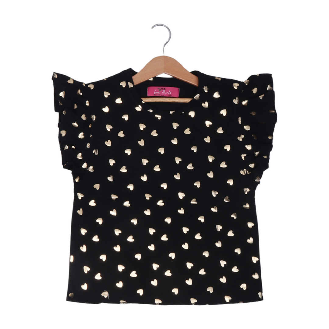 BLACK WITH GOLDEN HEARTS PRINTED T-SHIRT TOP FOR GIRLS