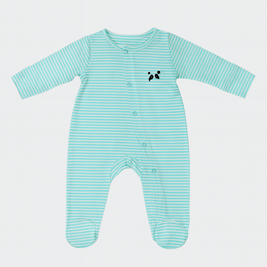 White With Turquoise Panda Stripes Romper For Winters