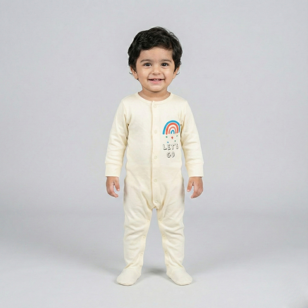 YELLOW "RAINBOW LET'S GO" PRINT FULL BODY FULL SLEEVES ROMPERS