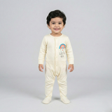 YELLOW "RAINBOW LET'S GO" PRINT FULL BODY FULL SLEEVES ROMPERS