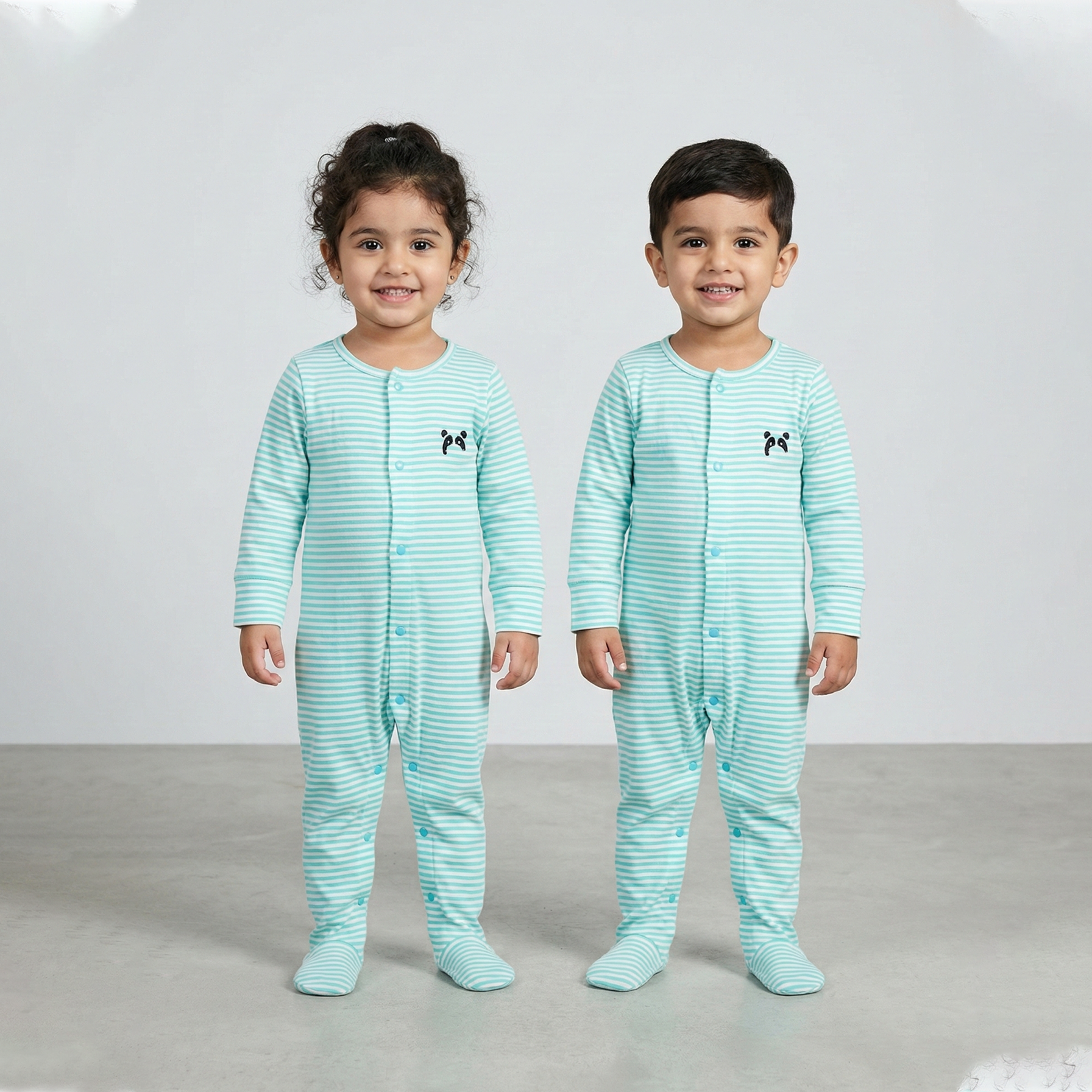 White With Turquoise Panda Stripes Romper For Winters