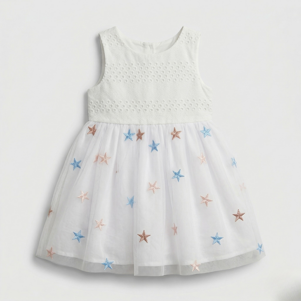 White With Pink Stars Frock For Girls ( Minor Defection )