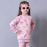 PINK HIGH NECK & FRIL TROUSER "HEARTS" PRINTED RIBBED FABRIC WINTER SUIT
