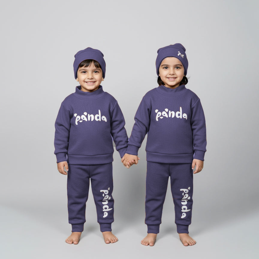Purple Panda Print Ribbed Fabric Suit For Winters Secondary image