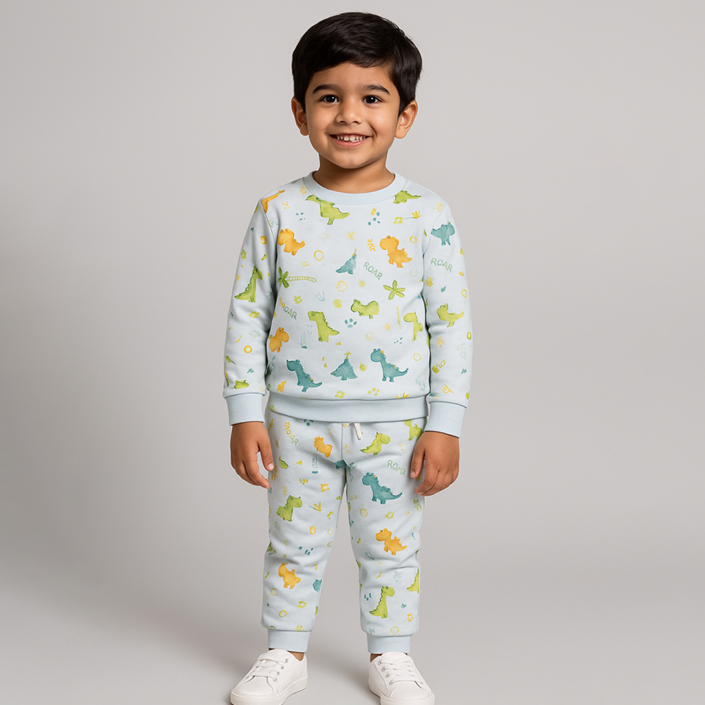 Sky Blue Dino Print Fleece Fabric Suit For Winters Secondary image