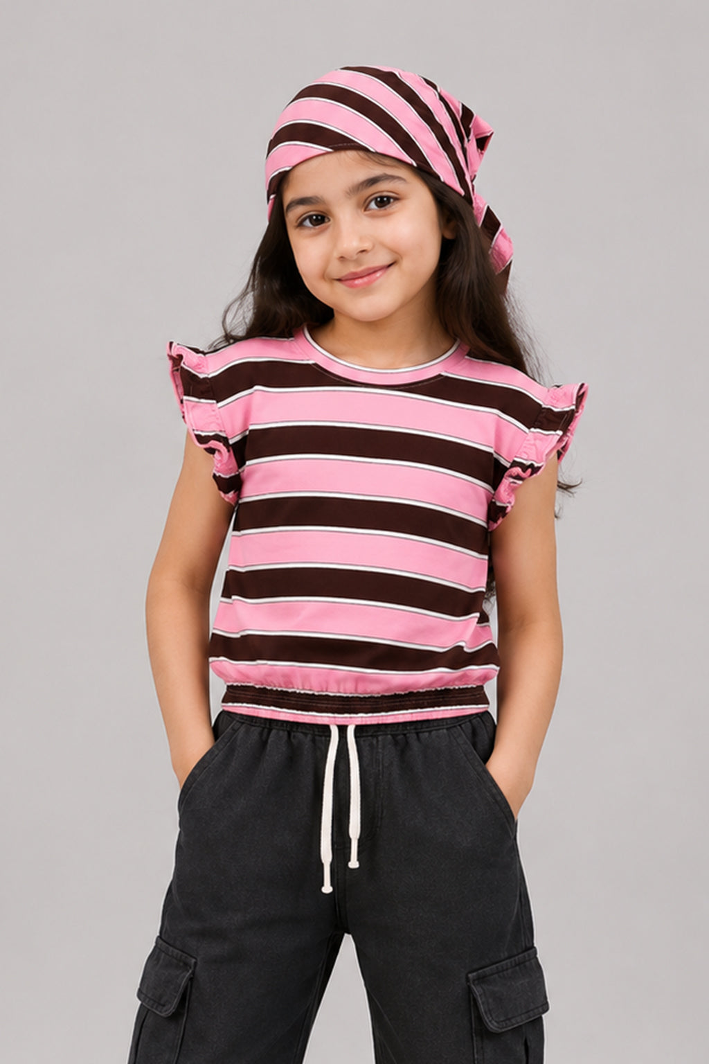 Pink With Brown Stripe Bib T-shirt Top For Girls