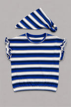 White With Blue Stripe Bandana T-shirt Top For Girls