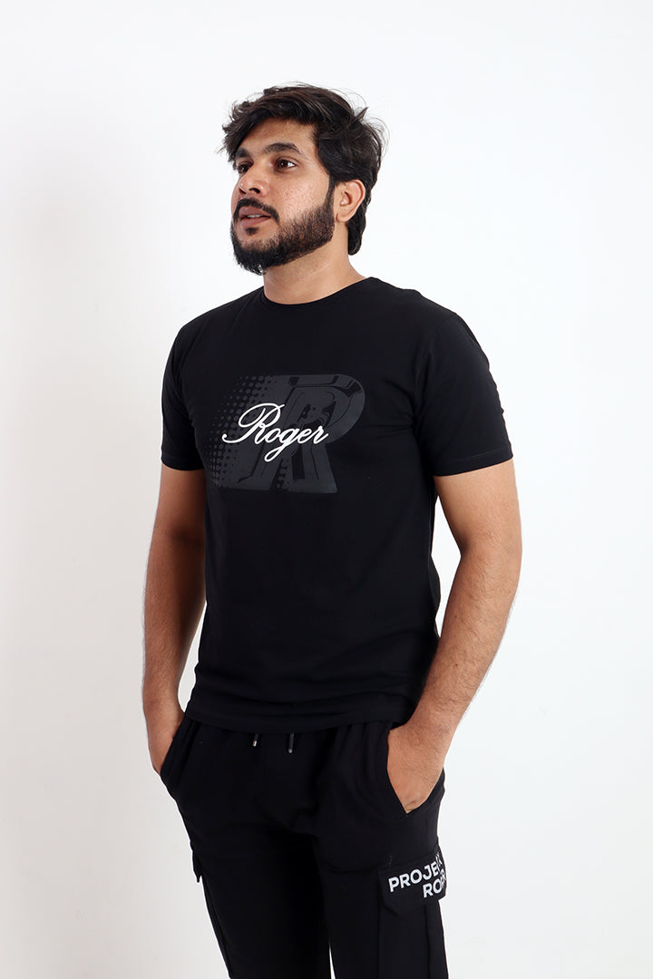 BLACK "R ROGER" PRINT T-SHIRT FOR MEN