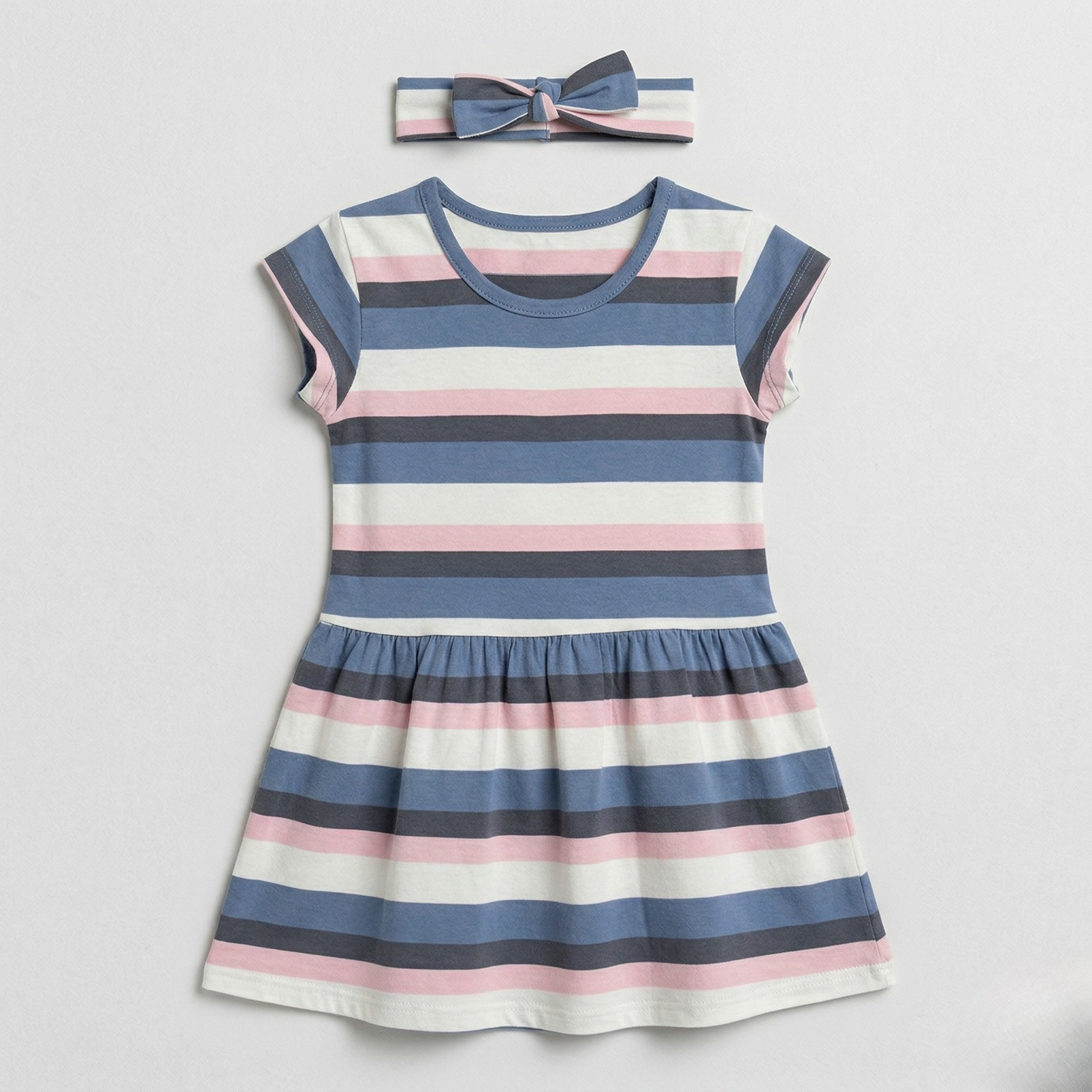 White Blue Pink Stripes Frock With Hair Band For Girls