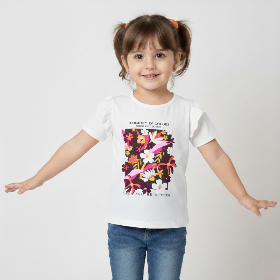 WHITE FLOWERS HARMONY PRINTED T-SHIRT TOP FOR GIRLS Main image