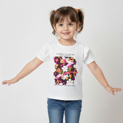 WHITE FLOWERS HARMONY PRINTED T-SHIRT TOP FOR GIRLS