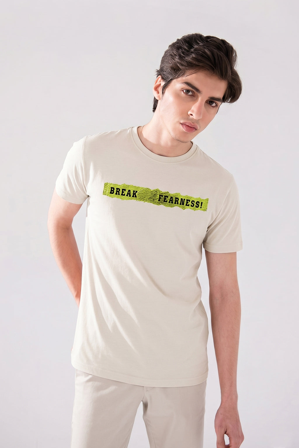 CREAM "BREAK YOUR FEARNESS" PRINT T-SHIRT FOR MEN