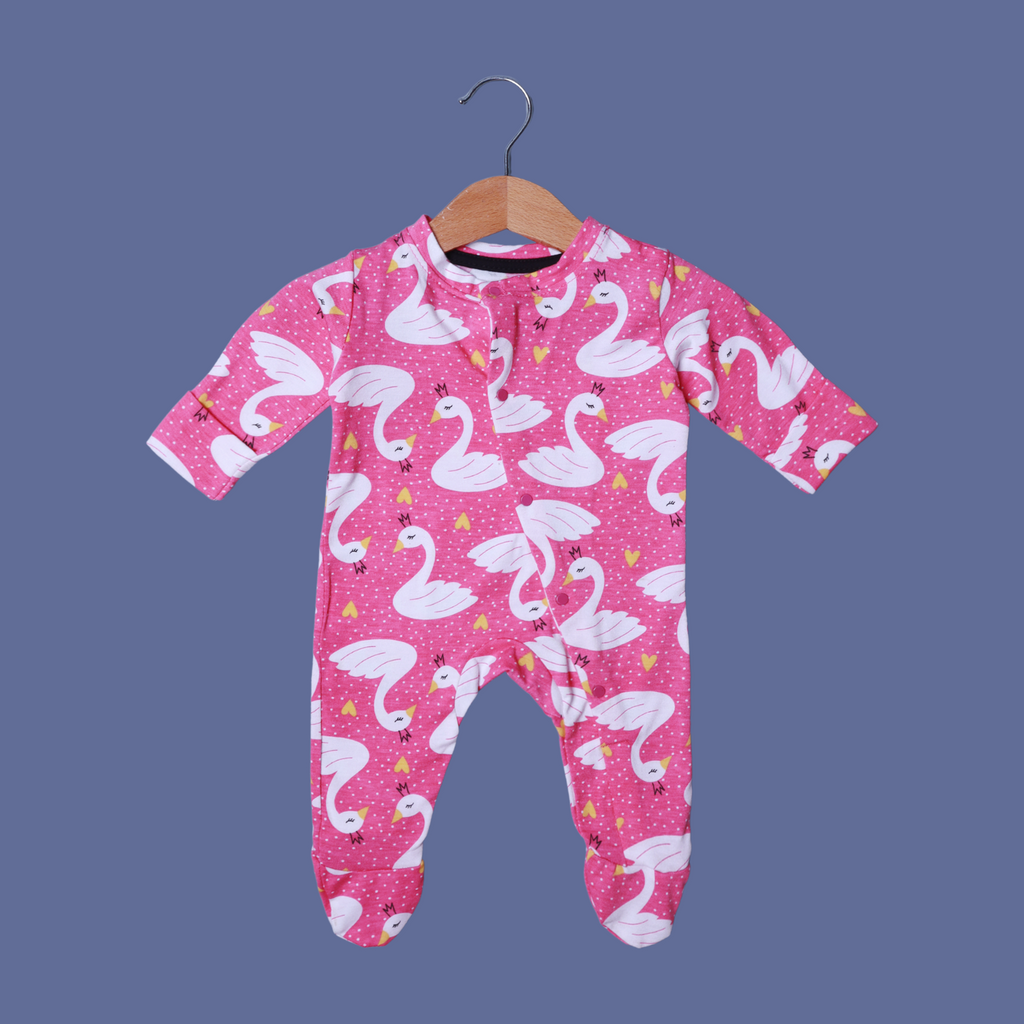 BLUSH PINK DUCK WITH CROWN PRINT FULL BODY FULL SLEEVES ROMPERS