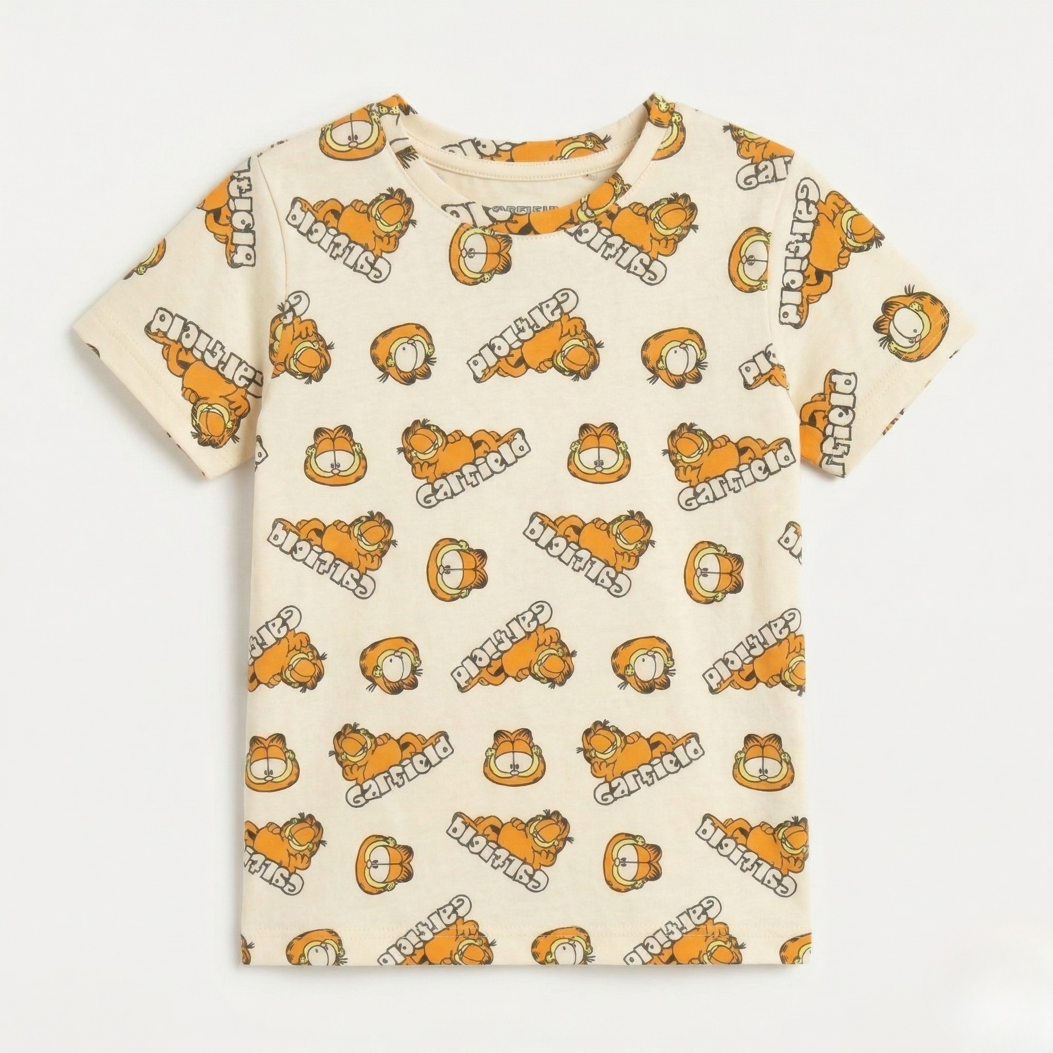 Cream Garfield Print Half Sleeves T-Shirt For Boys