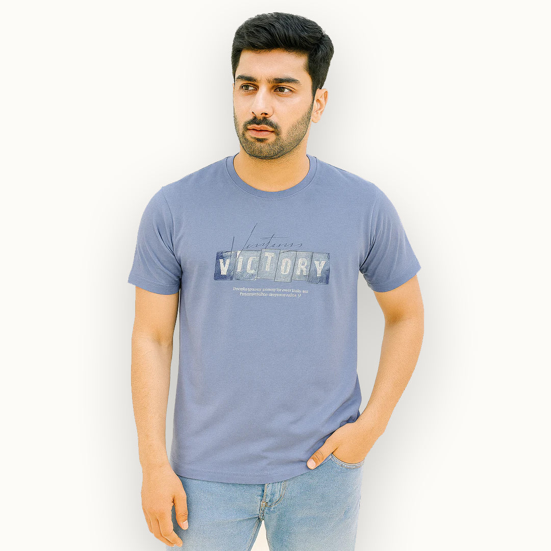 BLUE "VICTORY" PRINT T-SHIRT FOR MEN