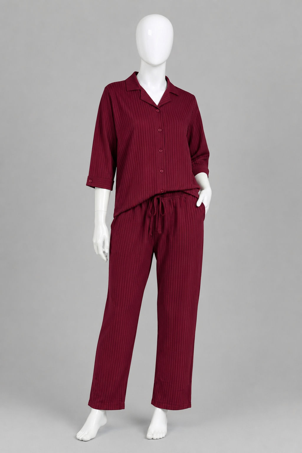 Maroon Co-ord Ribbed Fabric Suit For Women Main image