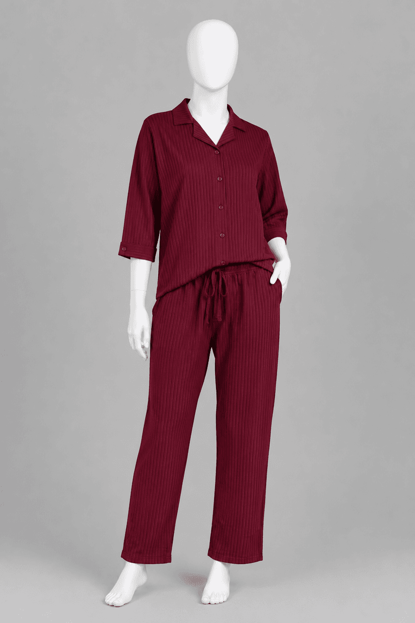 Maroon Co-ord Ribbed Fabric Suit For Women Main image