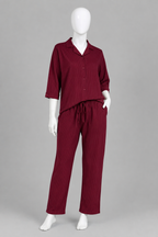 Maroon Co-ord Ribbed Fabric Suit For Women